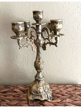 Vintage Solid Brass‎ Cast Rococo 5 Arms 12" Baroque Candelabra